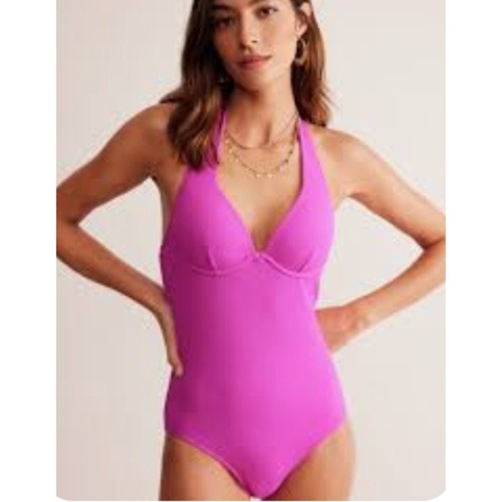 Boden Magenta Pink Ribbed Halter Underwire One Piece Swimsuit 34B
